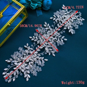Detailed dimensions of bridal crystal headband with 38cm length and 12cm width specs