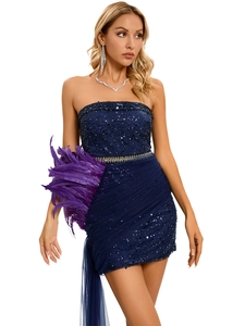 Détail de robe bustier à paillettes avec plumes violettes et traîne en maille bleue