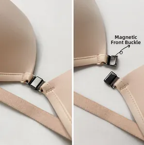 Detail of nude triangle bra featuring a magnetic front clasp for easy fastening