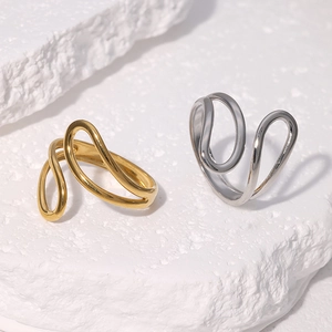 Minimalist Stainless Steel Line Open Ring For Women Adjustable Geometric Wave Curved High Polished Aesthetic Jewelry