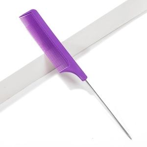 Detail of purple hair highlighting comb with fine teeth and thin metal pin tail