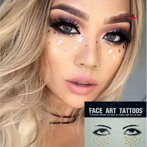 Detailed view of gold heart face art tattoos with model showcase and product packaging