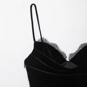 Elegant black velvet slim dress featuring lace trim and thin straps for a sexy silhouette
