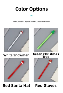 Detail of four festive Christmas pens featuring snowman, tree, hat and glove toppers