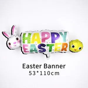 Colorful Easter banner balloon with cartoon rabbit and chick shapes, 53x110cm decoration