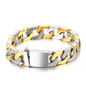 Two-tone silver and gold Cuban link chain bracelet in polished stainless steel for men