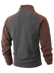 Rear view of men's tactical fleece pullover in brown and charcoal grey patchwork design