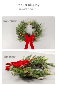 Detail of Christmas wreath with PE pine needles, cones, acorns and red velvet bow