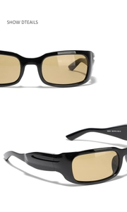 Macro view of square black frames and amber yellow lenses with model number 20251