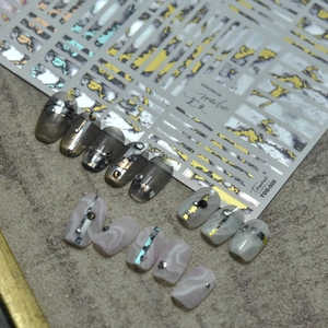 Tomoni marble pattern nail stickers with gold and silver metallic geometric lines TOG-005
