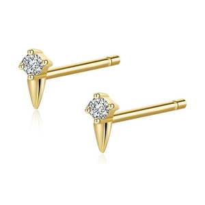 Close-up of gold geometric stud earrings with clear zircon stones and cone-shaped dangles