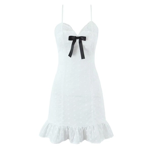 White Cotton Lace Camisole Mini Dress With Black Bow Embroidery Eyelet Ruffle Spaghetti Strap Sweet Princess Style Women