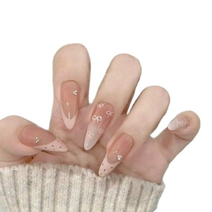 30pcs French almond press-on nails with pink plaid, bows and rhinestone accents