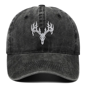 Washed Cotton Baseball Cap Embroidered Deer Skull Vintage Distressed Adjustable Dad Hat For Men Women Outdoor Casual