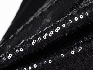 Macro shot of high-quality black sequins showing intricate details and texture on the dress