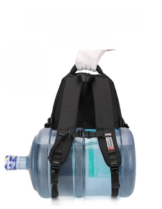 Detail showing high-capacity backpack supporting a 20kg water jug for durability