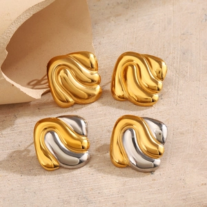 Fashionable square geometric stainless steel stud earrings in gold and two-tone finish