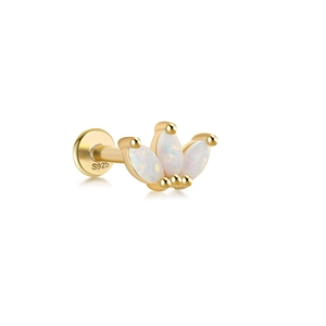 Macro detail of S925 sterling silver opal ear stud with flat back screw threading