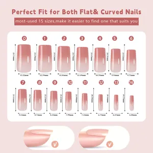 Size guide for French gradient press-on nails with 15 sizes for flat and curved nails
