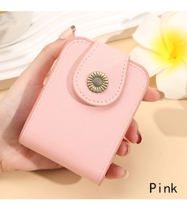 Pink cross-grain PU leather mini pouch with vintage gold sunflower button and mirror