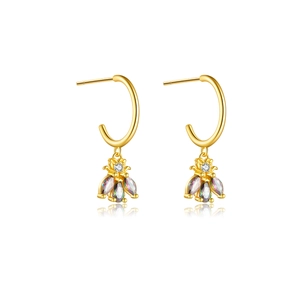 Detailed close-up of S925 silver bee earrings with rainbow zircon and golden finish