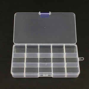 15-compartment transparent plastic jewelry organizer box with blue latches and hanging hole