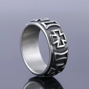 Vintage stainless steel cross ring with Gothic embossed letters and silver finish