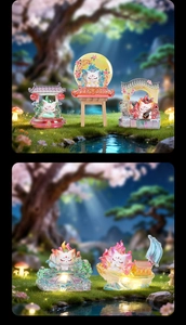 Collection of glowing resin fox figurines in fairy tale forest scene for desk decoration