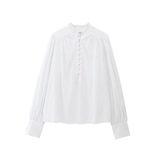 Women's white long sleeve cotton shirt with ruffled stand collar and front buttons
