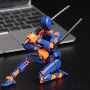 3D printed poseable action figure in blue and orange holding two black swords