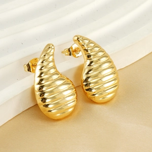 Rippled Texture Water Drop Stud Earrings 18K Gold Plated 304 Stainless Steel Minimalist Retro Small Style For Women