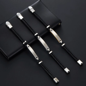 Men's multilayer braided leather bracelets with silver and gold stainless steel plates