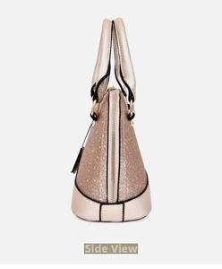 Side view of champagne gold shell bag with shiny sequins and smooth leather texture
