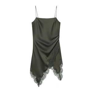 Robe Midi Satin Dentelle Vert Foncé Bretelles Spaghetti Ourlet Irrégulier Col V Élégante Sexy Streetwear Femmes