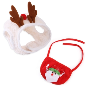Christmas pet costume set with plush deer antlers headband and red Merry Christmas bib