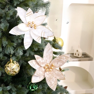 Artificial Poinsettia Christmas Flowers Flannel Velvet Glitter Edges Bead Center Holiday Tree Decoration Home Party