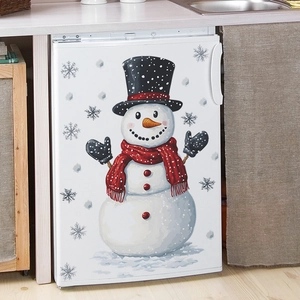 Christmas snowman fridge sticker with black hat, red scarf and blue snowflakes