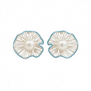 Elegant silver flower pearl earrings with blue enamel petals and a minimalist aesthetic