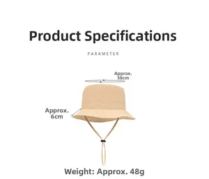 Dettaglio del cappello da sole kaki con cordino regolabile e specifiche della misura 58cm