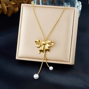 Bow Artificial Pearl Pendant Necklace Stainless Steel Gold Plated Snake Bone Chain Tassel Y Shaped Fashion Jewelry For Women
