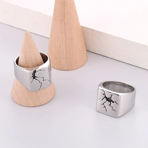Mens stainless steel silver ring featuring square face with black cracked pattern design