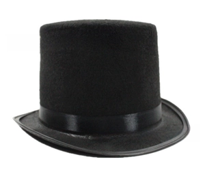 Close-up of black felt magician top hat with a matching decorative satin ribbon