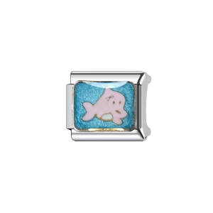 Silver stainless steel charm link with blue enamel and pink dolphin design
