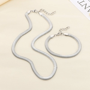 Minimalist silver flat snake chain jewelry set with matching necklace and bracelet pieces