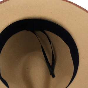 Adjustable khaki felt western cowboy hat with internal sweatband and leather bound brim