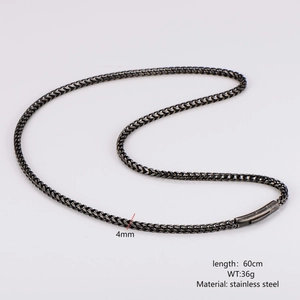 Detailed 4mm dark grey stainless steel box chain with lobster clasp on white background