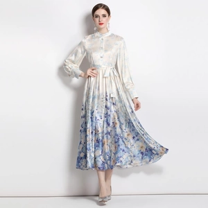 Elegant satin floral maxi dress with mandarin collar and lantern sleeves for women