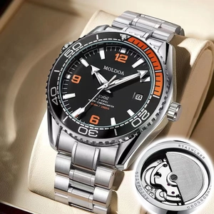 Silver stainless steel automatic mechanical watch with black dial and orange accents