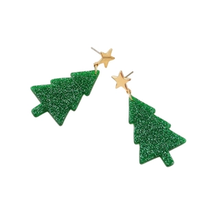 Sparkly green sequin Christmas tree drop earrings with gold star studs for festive women