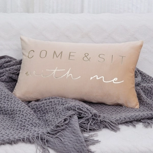 Velvet gold-stamped lumbar pillow cover, Nordic minimalist design with English quote detail.